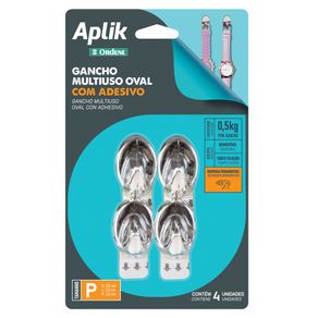 Gancho-Adesivo-Plastico-Oval-Pequeno-Cromado-Aplik-Ordene-4-Pecas-embalagem Gancho-Adesivo-Plastico-Oval-Pequeno-Cromado-Aplik-Ordene-4-Pecas-embalagem