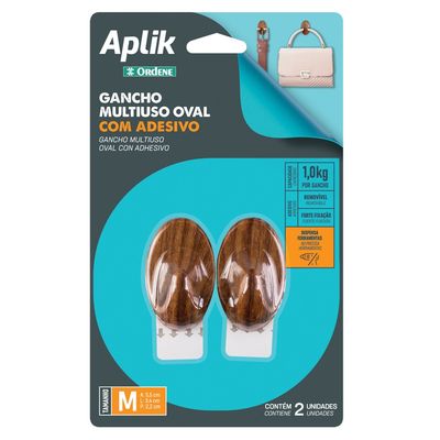 Gancho-Adesivo-Plastico-Oval-Medio-Madeira-Aplik-Ordene-2-Pecas-embalagem