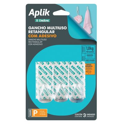 Gancho-Adesivo-Plastico-Retangular-Pequeno-Cristal-Aplik-Ordene-3-Pecas-embalagem
